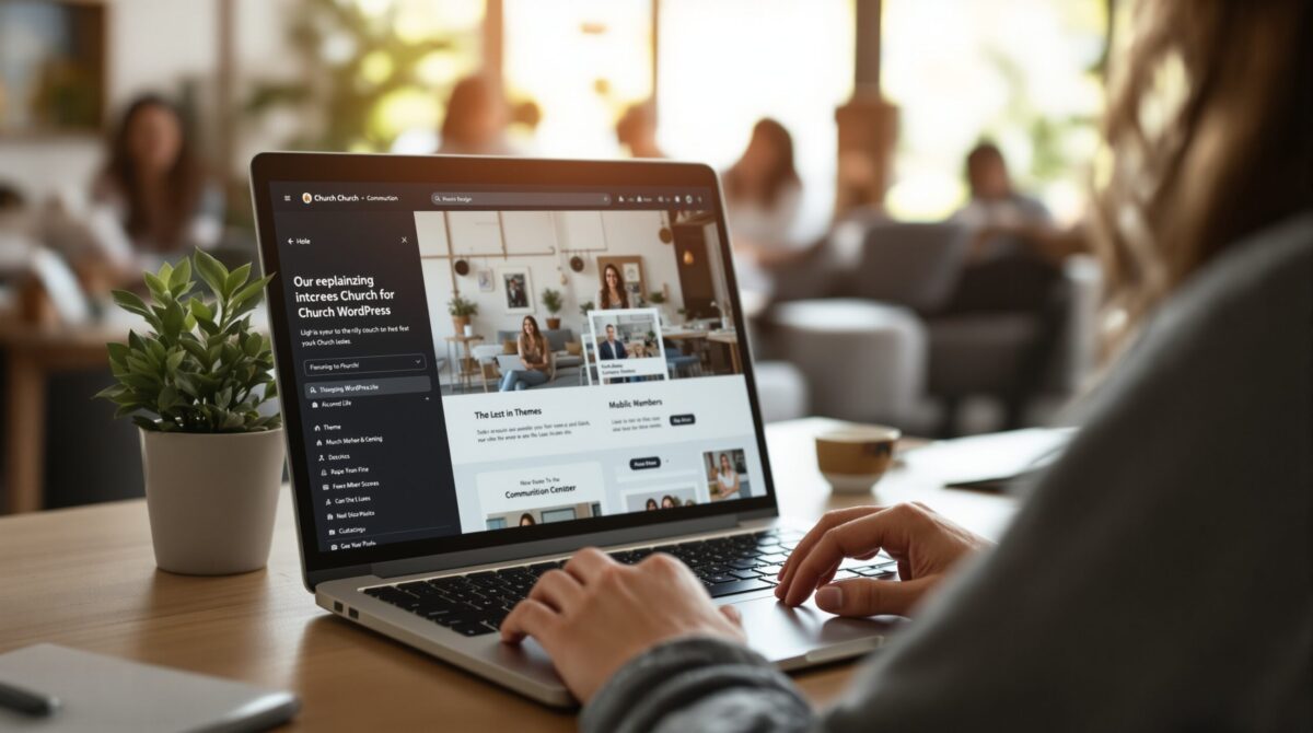 Website design workspace showing theme selection and customization for a church WordPress site