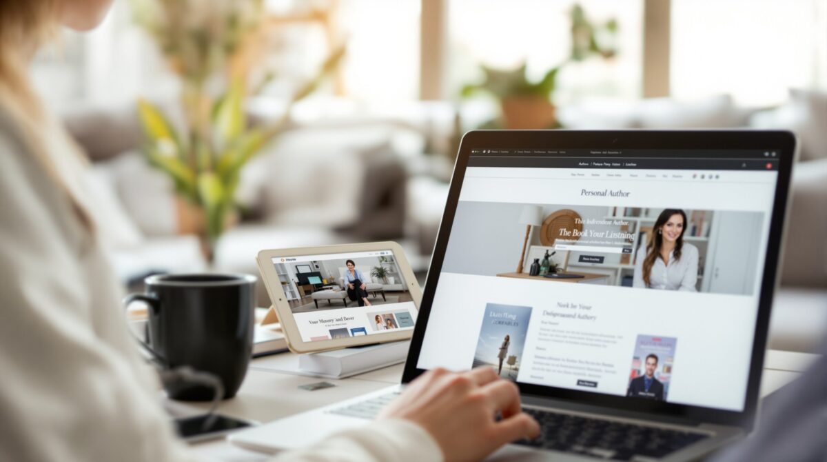 Website domain planning for an author website with a laptop and clean branding setup