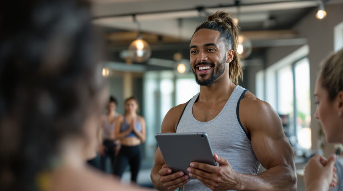Trainer leading a fitness class, illustrating how marketing priorities can differ for gyms, studios, and coaching